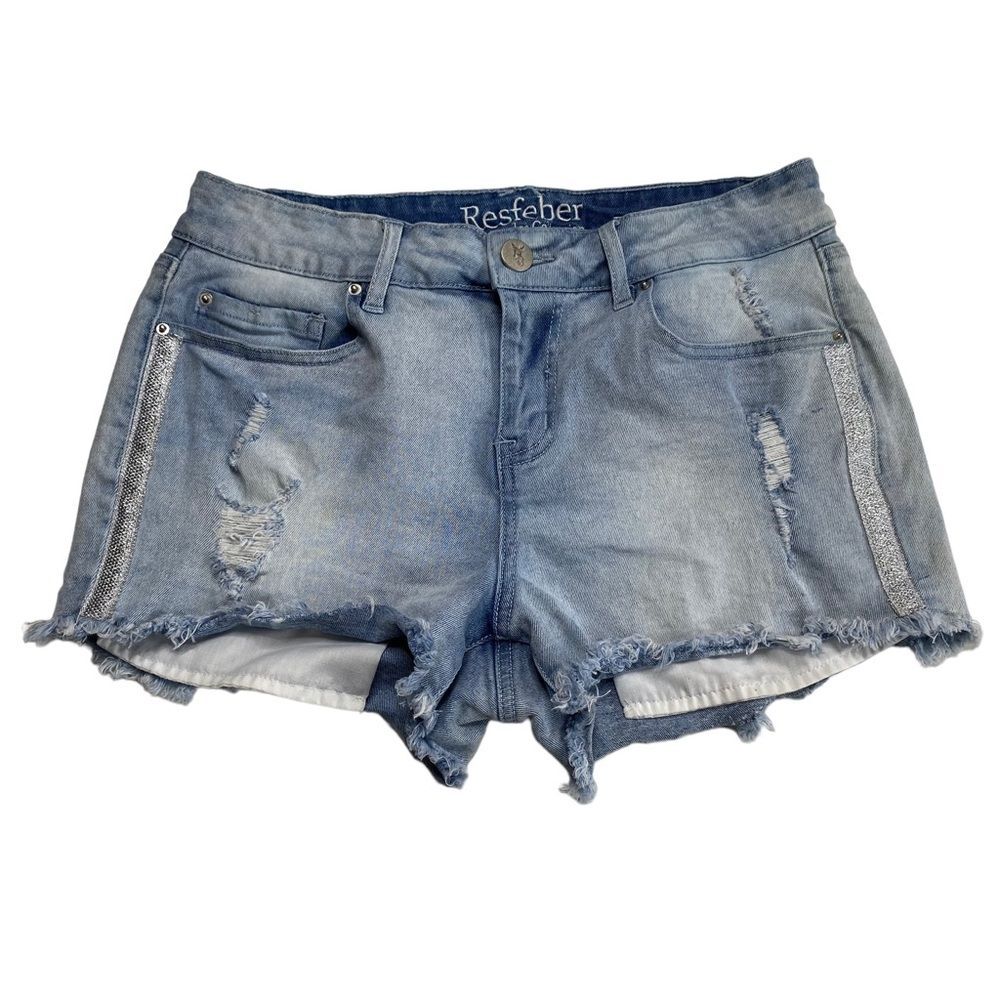 Resfeber Los Angeles Collection Distressed Denim Shorts Silver Metallic Stripes